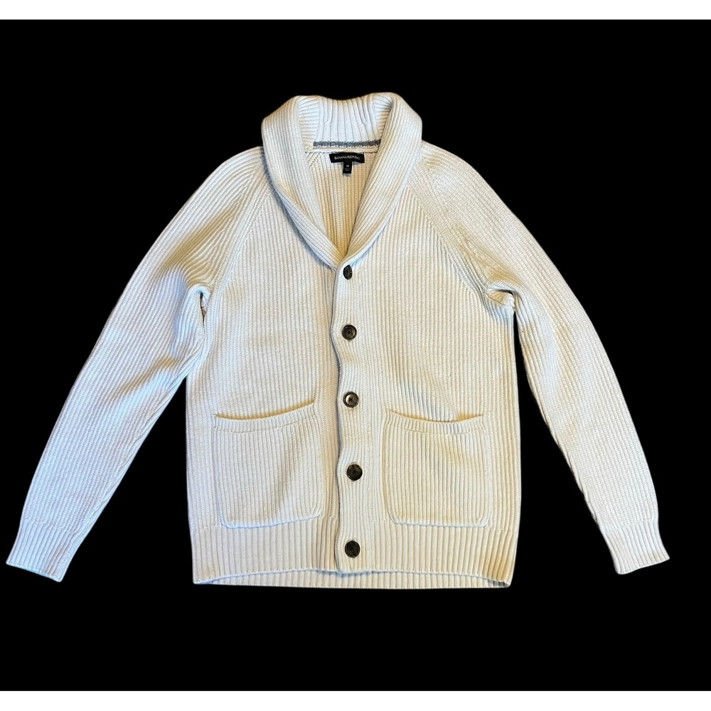 Banana Republic Mens Shawl Collar Cardigan Sweater Cream Ribbed Knit Medium